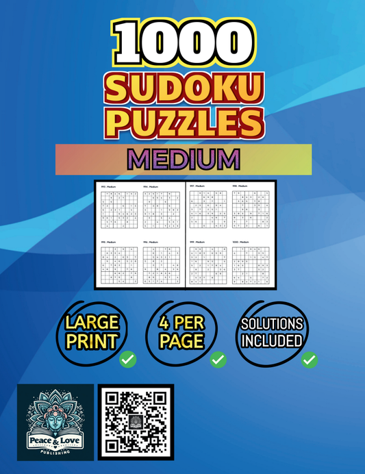 1000 MEDIUM Sudoku Puzzles - 4 Per Page - Large Print - Solutions Included