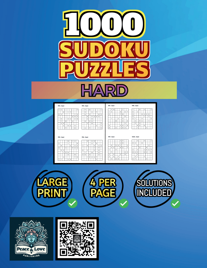 1000 HARD Sudoku Puzzles - 4 Per Page - Large Print - Solutions Included