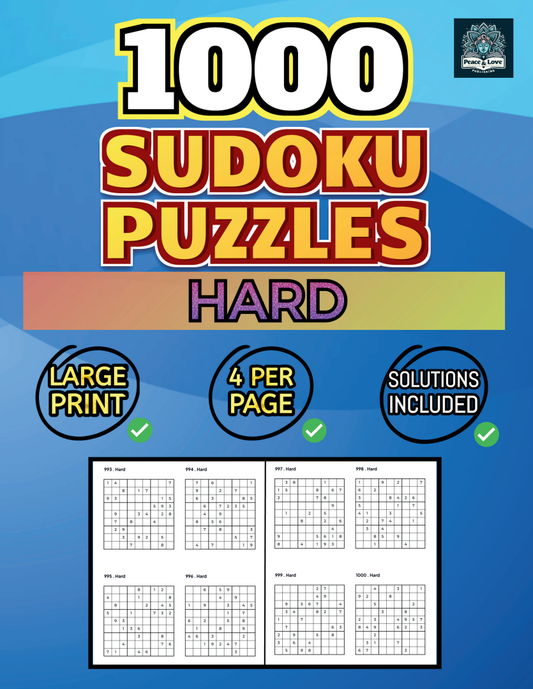 1000 HARD Sudoku Puzzles - 4 Per Page - Large Print - Solutions Included