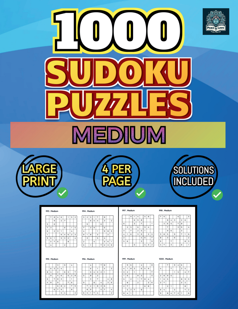 1000 MEDIUM Sudoku Puzzles - 4 Per Page - Large Print - Solutions Included