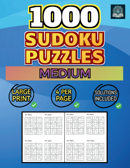 1000 MEDIUM Sudoku Puzzles - 4 Per Page - Large Print - Solutions Included