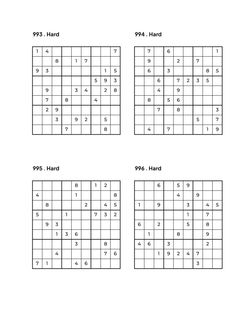 1000 HARD Sudoku Puzzles - 4 Per Page - Large Print - Solutions Included