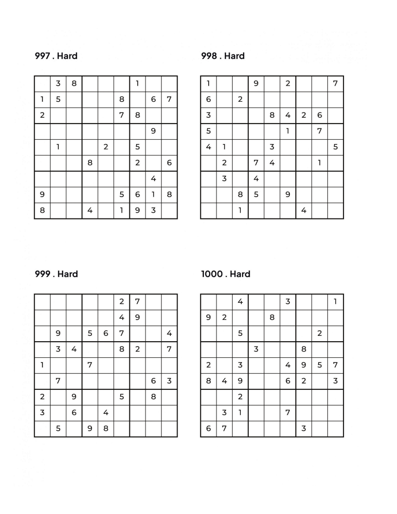 1000 HARD Sudoku Puzzles - 4 Per Page - Large Print - Solutions Included