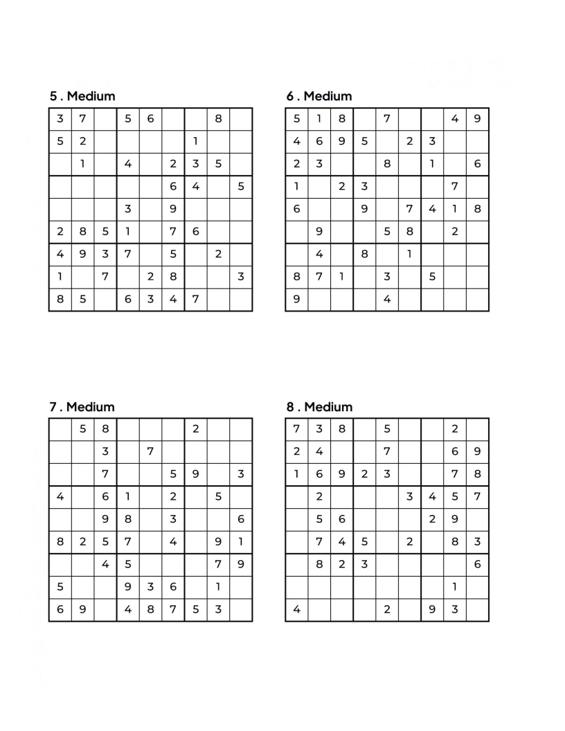 1000 MEDIUM Sudoku Puzzles - 4 Per Page - Large Print - Solutions Included