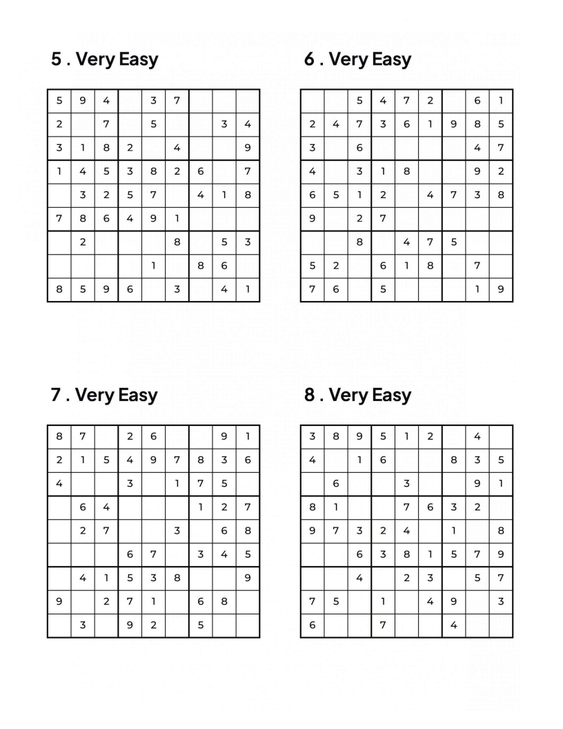 1000 VERY EASY Sudoku Puzzles - 4 Per Page - Large Print - Solutions Included