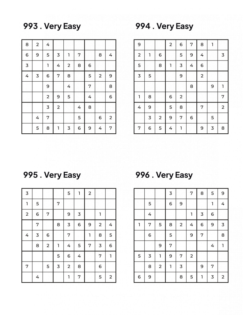 1000 VERY EASY Sudoku Puzzles - 4 Per Page - Large Print - Solutions Included