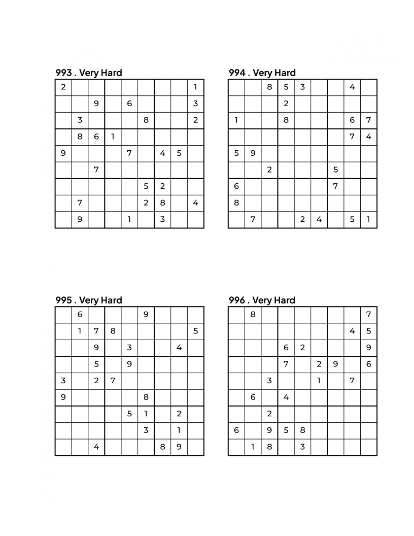 1000 VERY HARD Sudoku Puzzles - 4 Per Page - Large Print - Solutions Included