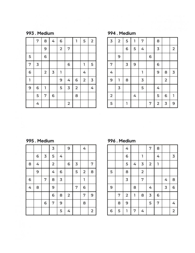 1000 MEDIUM Sudoku Puzzles - 4 Per Page - Large Print - Solutions Included