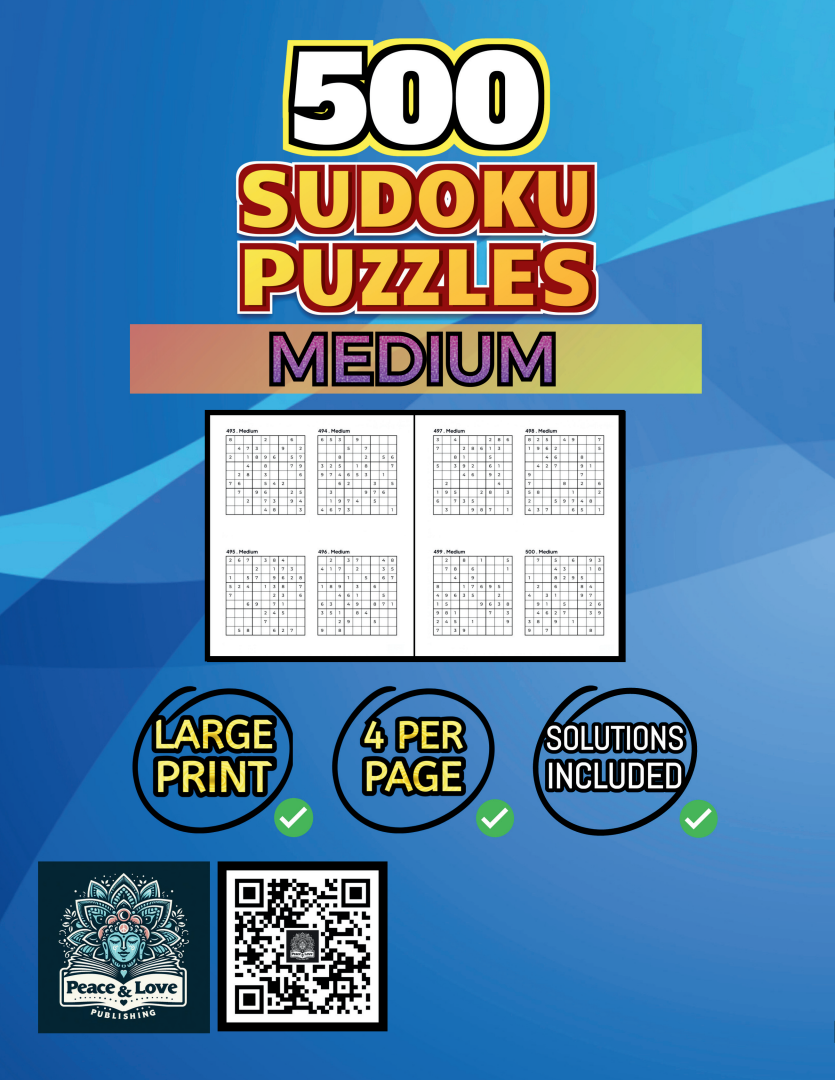500 MEDIUM Sudoku Puzzles - 4 Per Page - Large Print - Solutions Included
