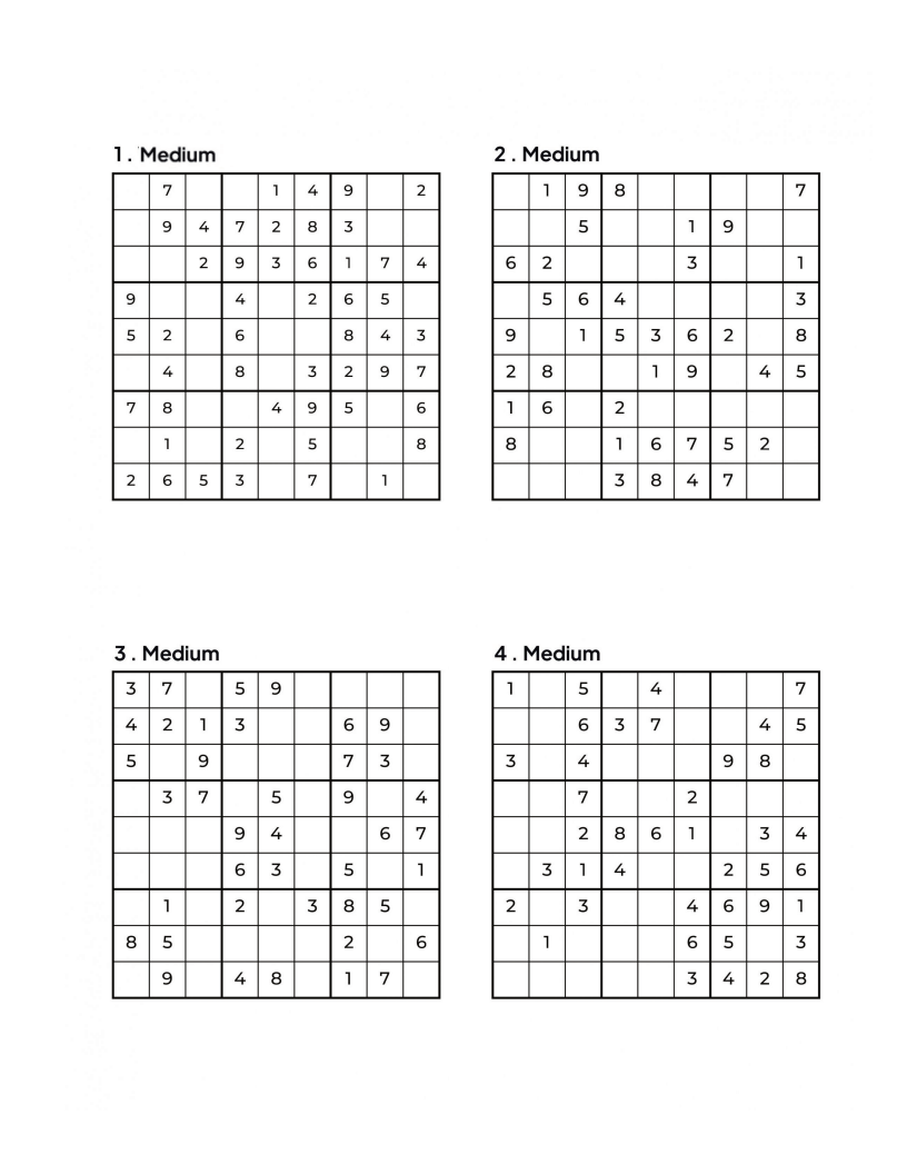 500 MEDIUM Sudoku Puzzles - 4 Per Page - Large Print - Solutions Included