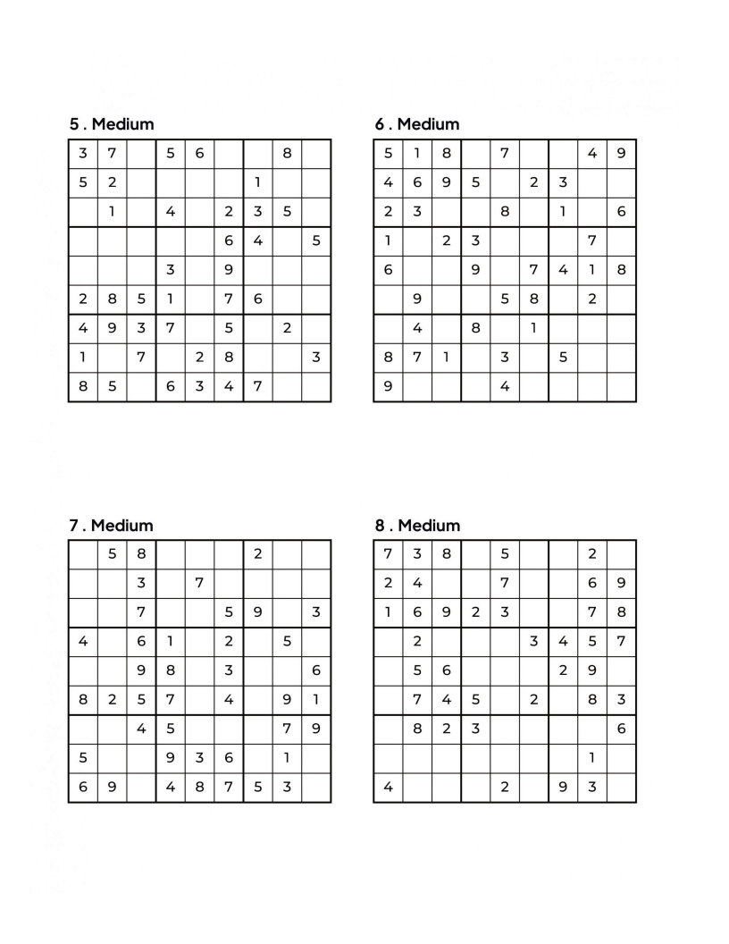 500 MEDIUM Sudoku Puzzles - 4 Per Page - Large Print - Solutions Included