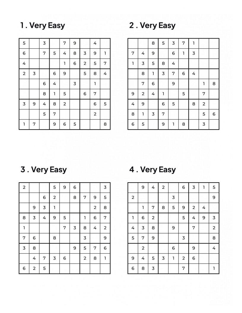 500 VERY EASY Sudoku Puzzles - 4 Per Page - Large Print - Solutions Included