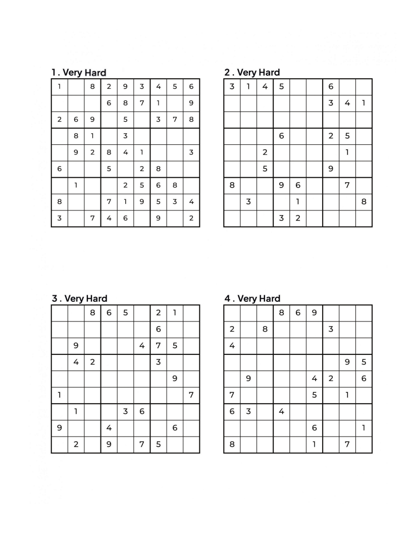 1000 VERY HARD Sudoku Puzzles - 4 Per Page - Large Print - Solutions Included