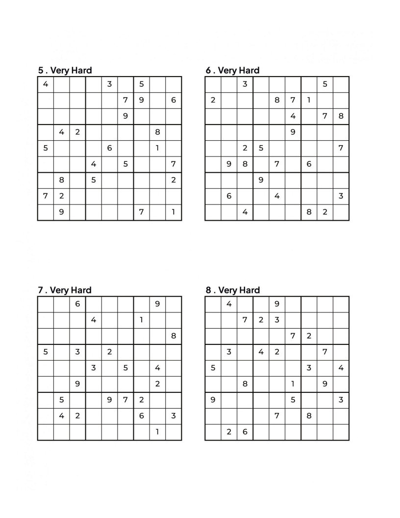 1000 VERY HARD Sudoku Puzzles - 4 Per Page - Large Print - Solutions Included