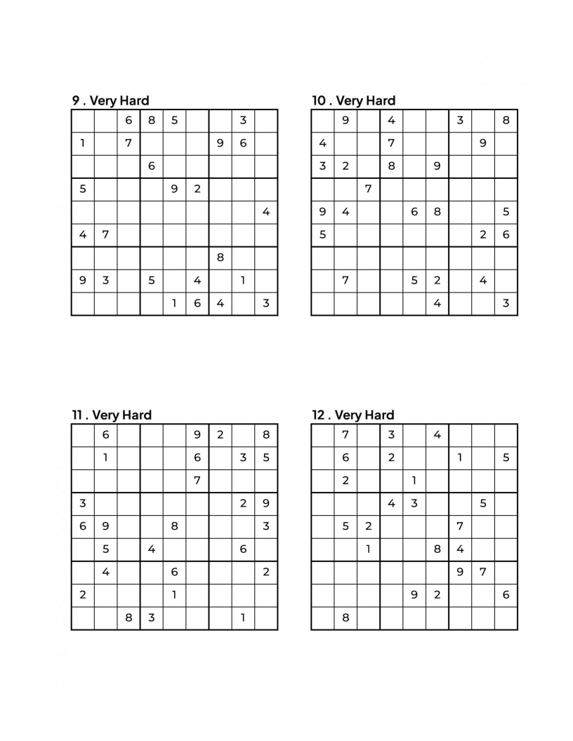 1000 VERY HARD Sudoku Puzzles - 4 Per Page - Large Print - Solutions Included