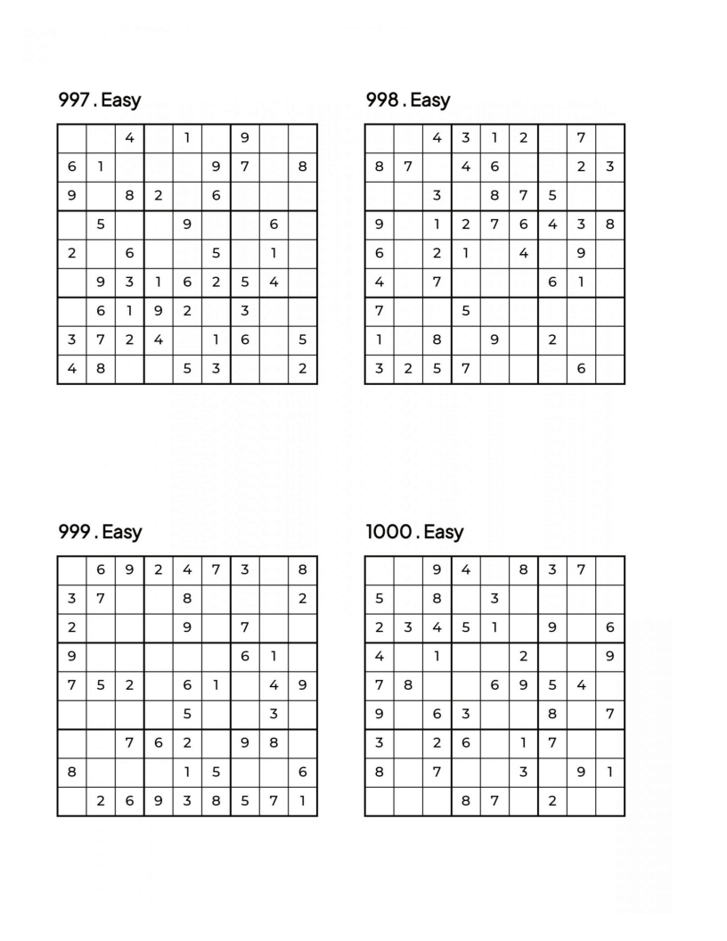 1000 EASY Sudoku Puzzles - 4 Per Page - Large Print - Solutions Included - Great For Beginners