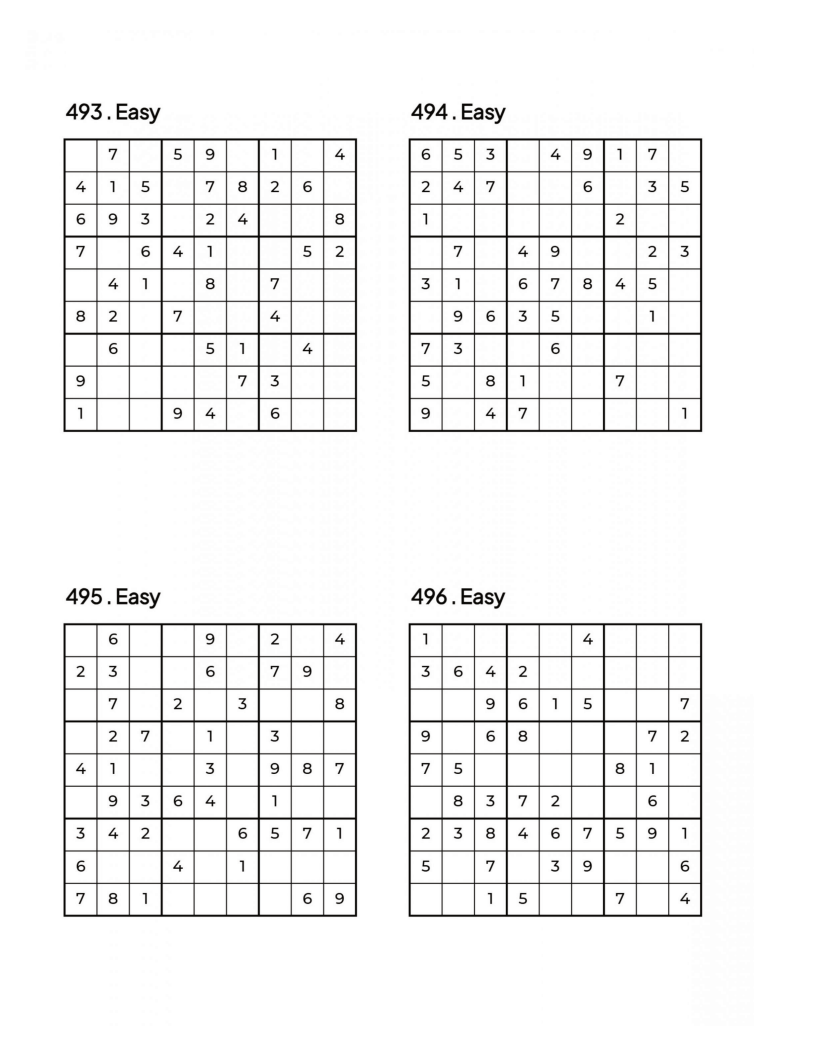 500 EASY Sudoku Puzzles - 4 Per Page - Large Print - Solutions Included