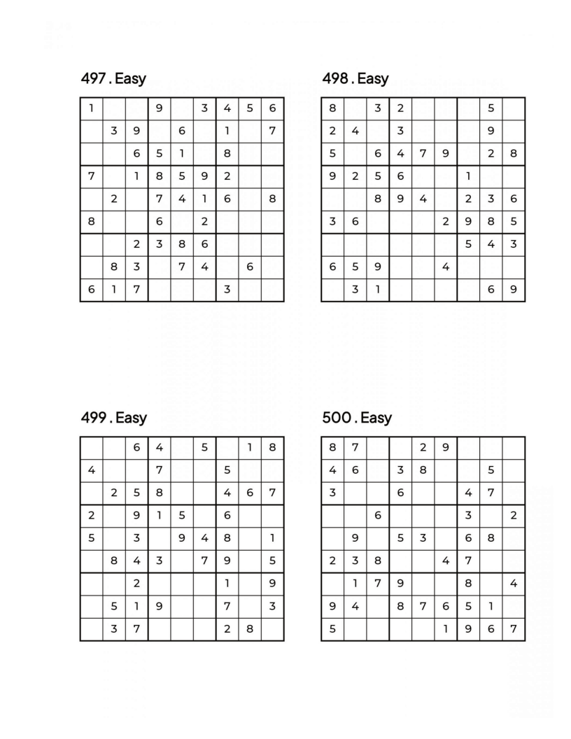 500 EASY Sudoku Puzzles - 4 Per Page - Large Print - Solutions Included