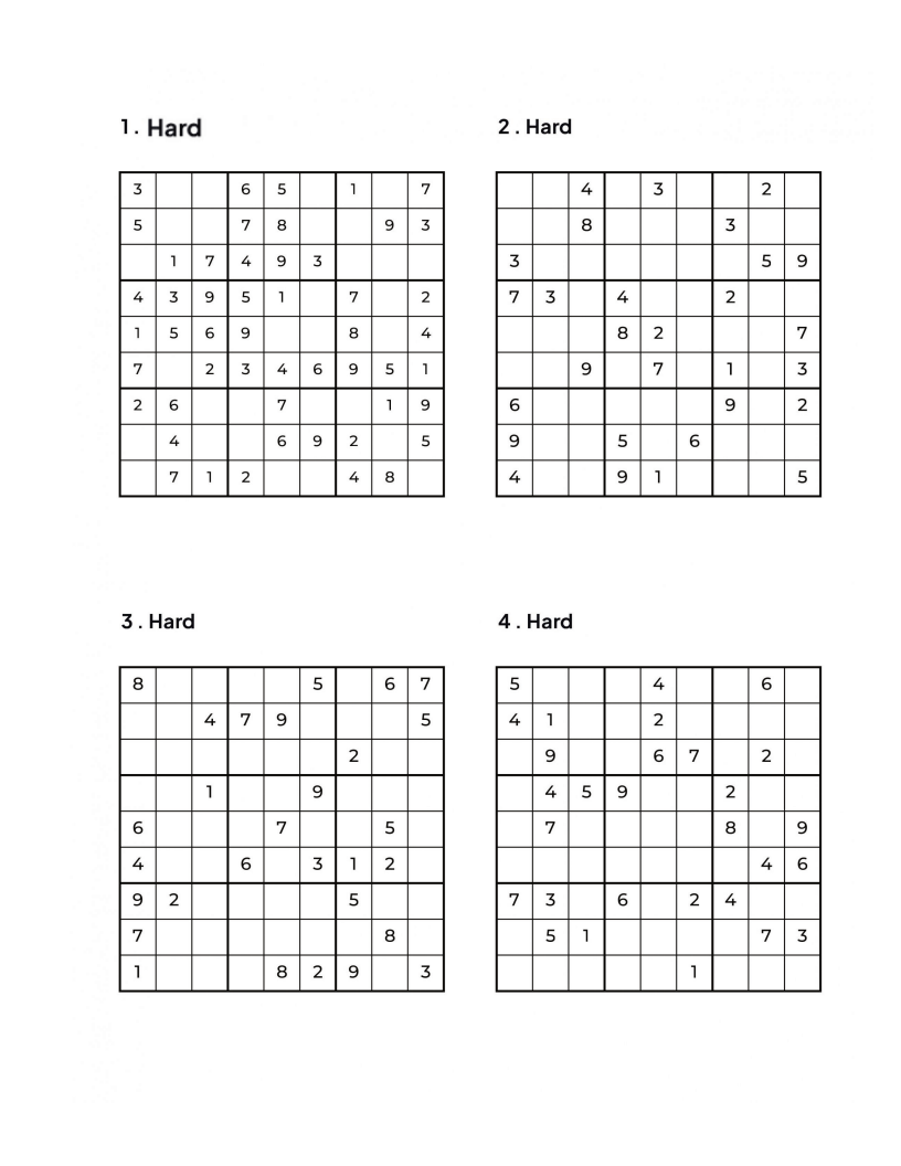 1000 HARD Sudoku Puzzles - 4 Per Page - Large Print - Solutions Included