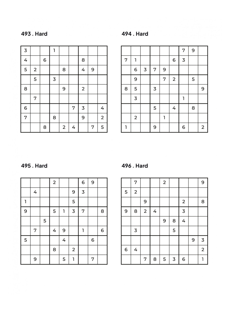 500 HARD Sudoku Puzzles - 4 Per Page - Large Print - Solutions Included