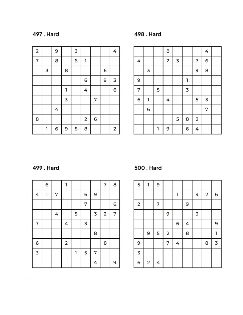 500 HARD Sudoku Puzzles - 4 Per Page - Large Print - Solutions Included