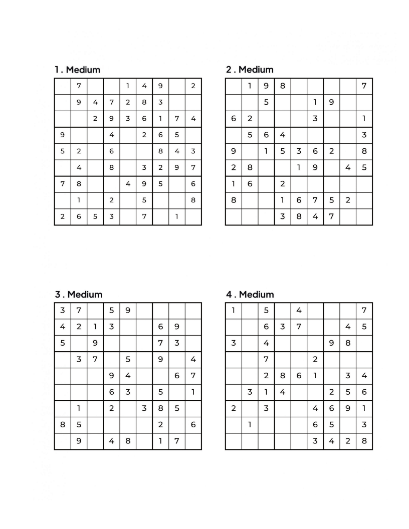 1000 MEDIUM Sudoku Puzzles - 4 Per Page - Large Print - Solutions Included