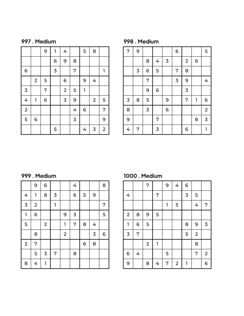 1000 MEDIUM Sudoku Puzzles - 4 Per Page - Large Print - Solutions Included