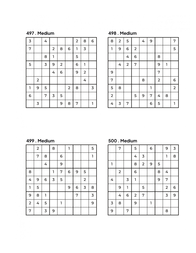 500 MEDIUM Sudoku Puzzles - 4 Per Page - Large Print - Solutions Included