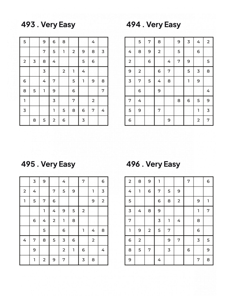 500 VERY EASY Sudoku Puzzles - 4 Per Page - Large Print - Solutions Included