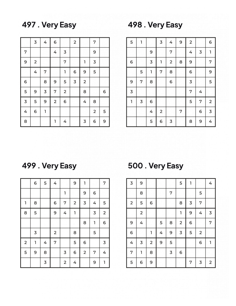 500 VERY EASY Sudoku Puzzles - 4 Per Page - Large Print - Solutions Included