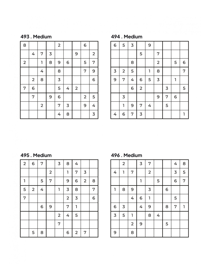 500 MEDIUM Sudoku Puzzles - 4 Per Page - Large Print - Solutions Included