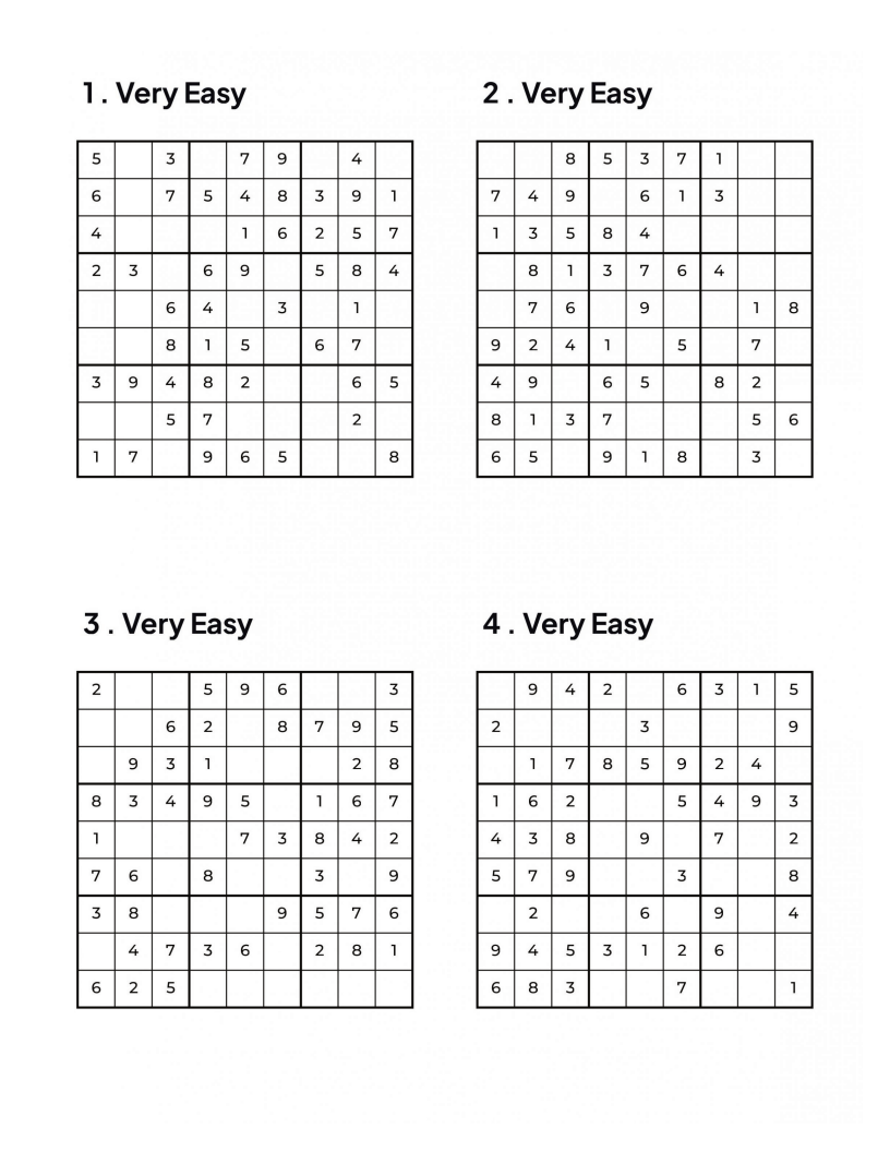 1000 VERY EASY Sudoku Puzzles - 4 Per Page - Large Print - Solutions Included