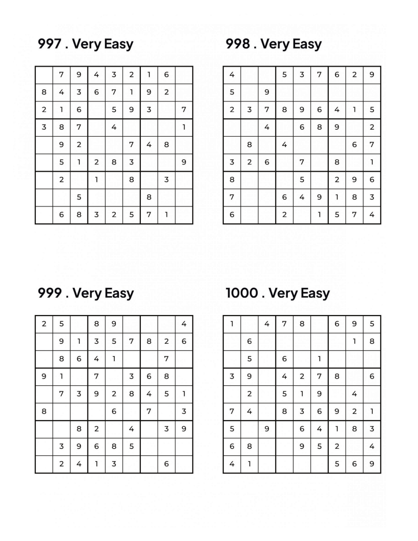 1000 VERY EASY Sudoku Puzzles - 4 Per Page - Large Print - Solutions Included