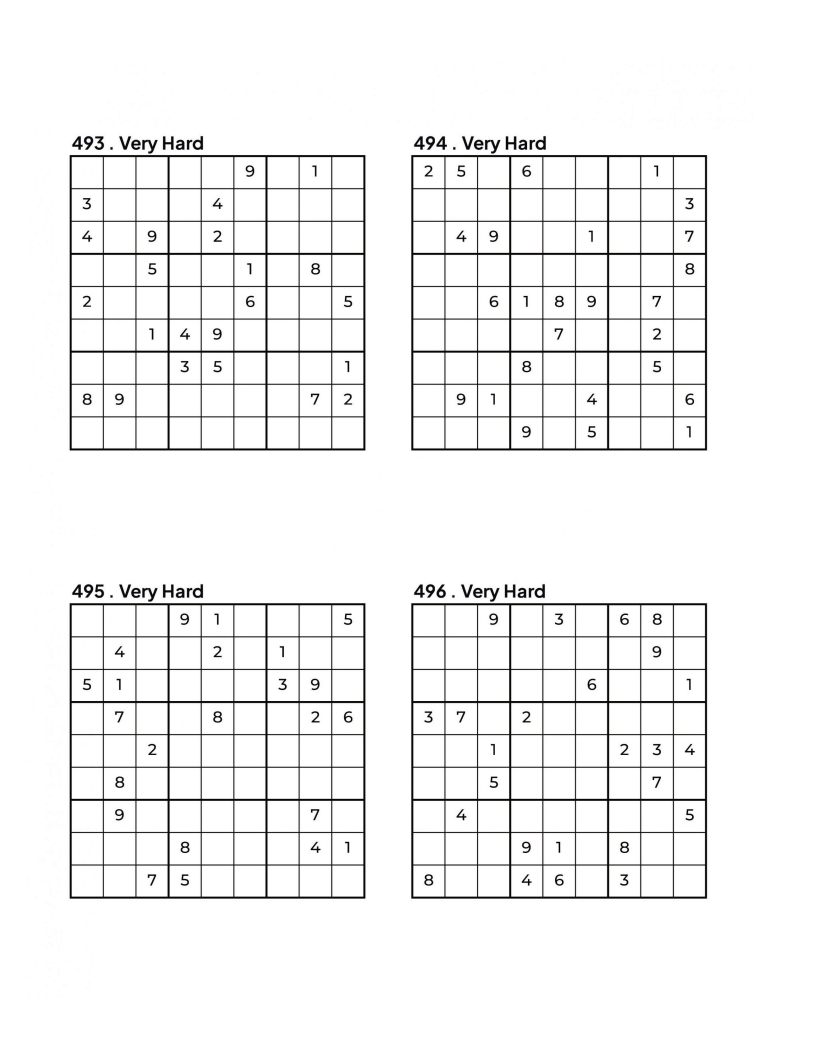 500 VERY HARD Sudoku Puzzles - 4 Per Page - Large Print - Solutions Included
