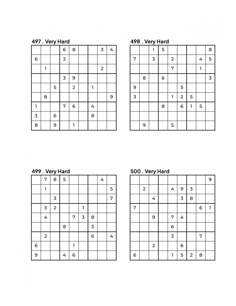 500 VERY HARD Sudoku Puzzles - 4 Per Page - Large Print - Solutions Included