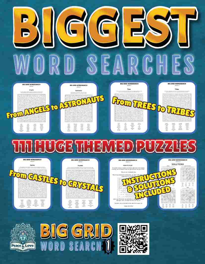 BIG GRID Word Search - 111 HUGE Themed Puzzles - Massive 30x30 Grid - Solutions Included