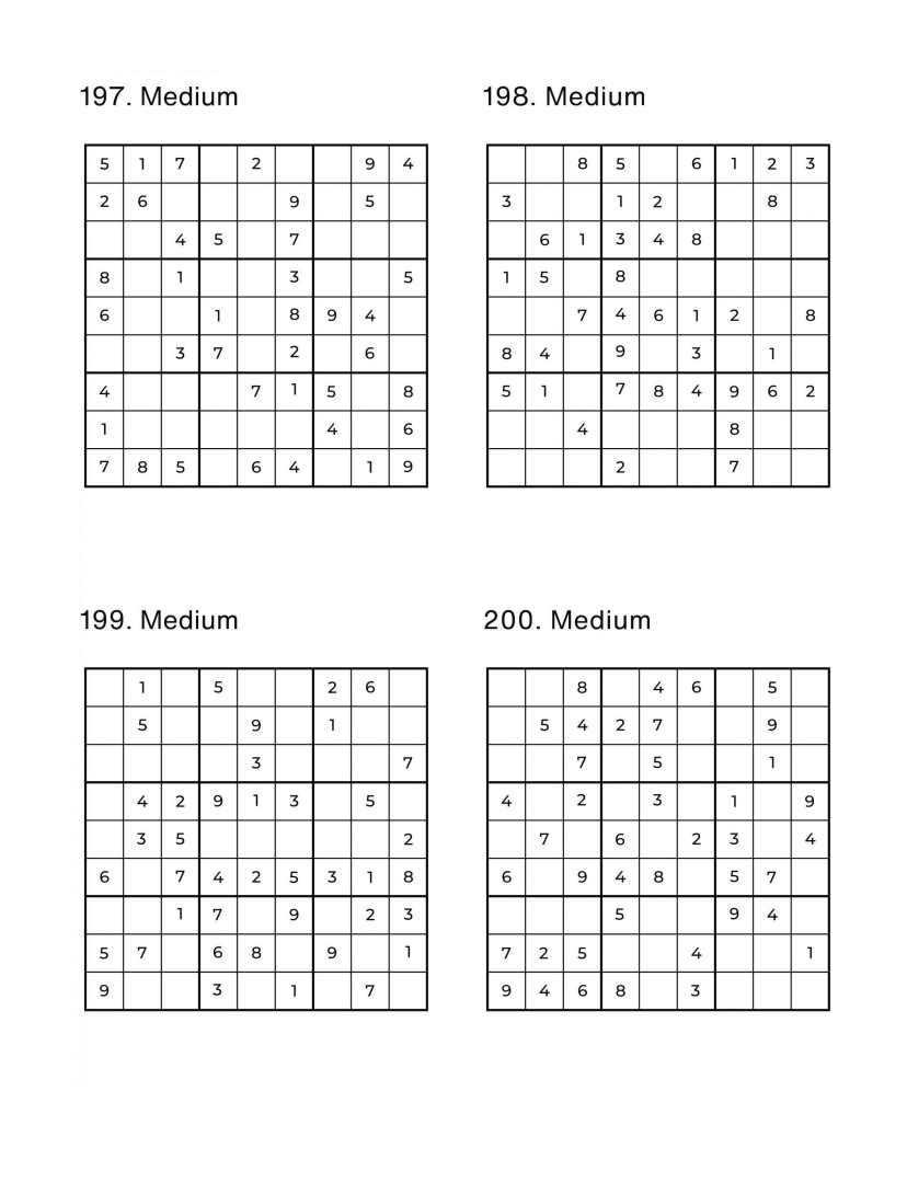 1000 Sudoku Puzzles - 5 DIFFICULTY LEVELS - 4 Per Page - Large Print - Solutions Included