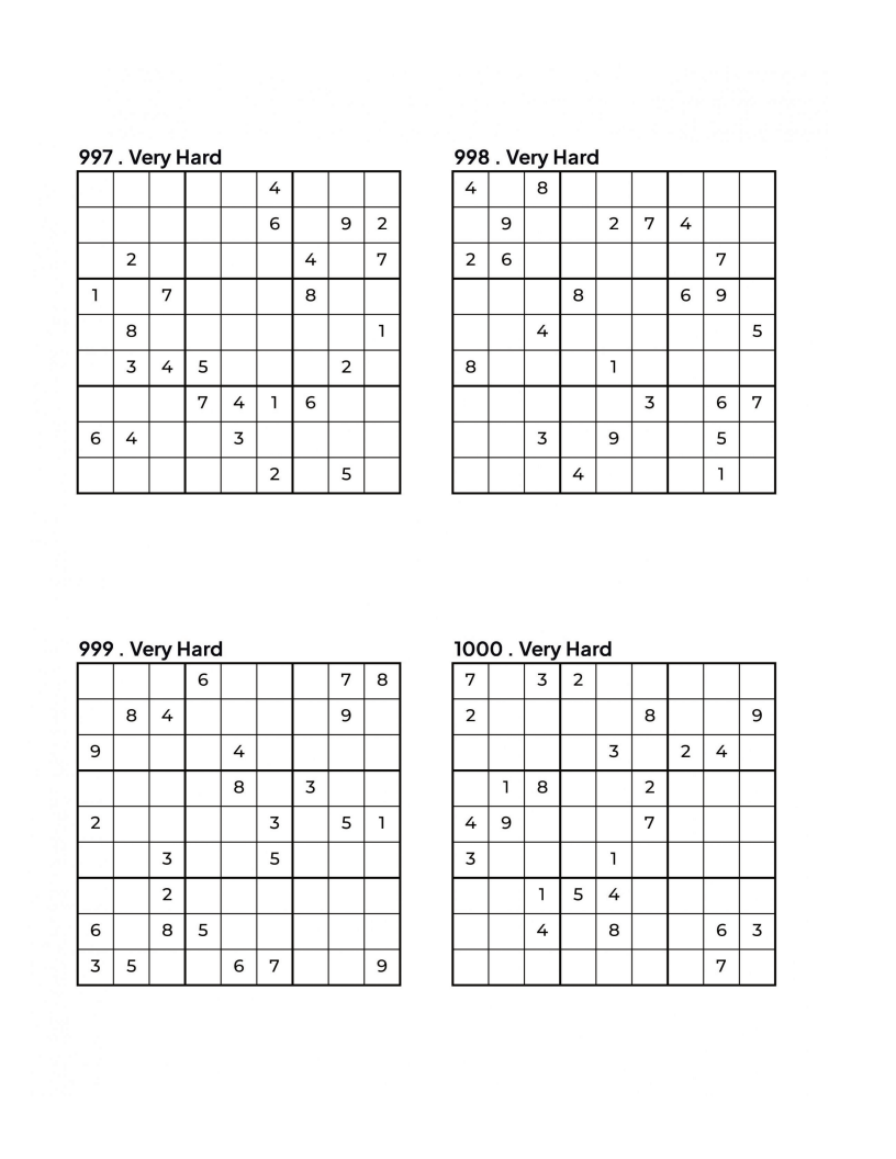 1000 VERY HARD Sudoku Puzzles - 4 Per Page - Large Print - Solutions Included